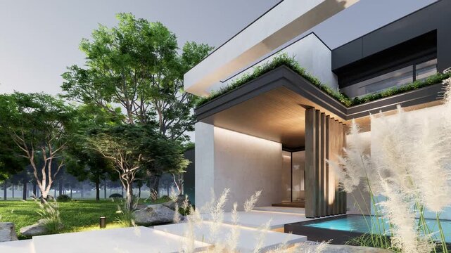 4K video rendering of two-story house with parking and pool for sale or rent with concrete facade and beautiful landscaping Clear summer evening with cozy light from window