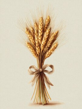 Golden wheat sheaf tied with rustic ribbon harvest botanical illustration