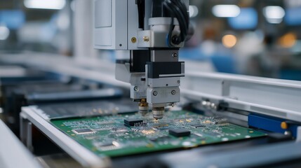 Automated optical inspection system scanning printed circuit boards for microscopic defects at high speed, perfect for electronics quality manufacturing, optical inspection technology, circuit
