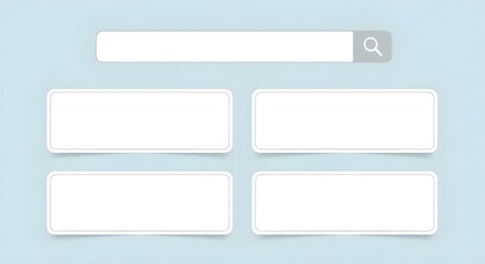 Obraz premium Minimalist search bar and four blank content boxes on a light blue background, representing a clean user interface template.