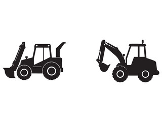 Naklejka premium Two black silhouettes of construction vehicles with excavator and backhoe loader on white background for industry and engineering concepts
