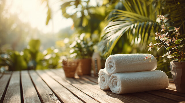 Tropical spa setting with towels and plants on wooden deck