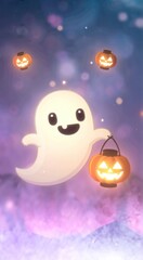 Fototapeta premium Cute cartoon ghost holding glowing pumpkin lantern on purple background with copy space, playful halloween illustration.