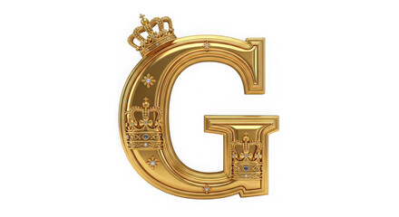 Golden letter G with crowns and jewels  luxury alphabet symbol transparent background