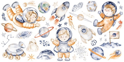 Astronaut space clipart watercolor hand painted collection with rocket, planet, galaxy. Cosmic illustration set isolated with spaceship, comet, meteor. Space theme design for kids nursery wall art. © Elena