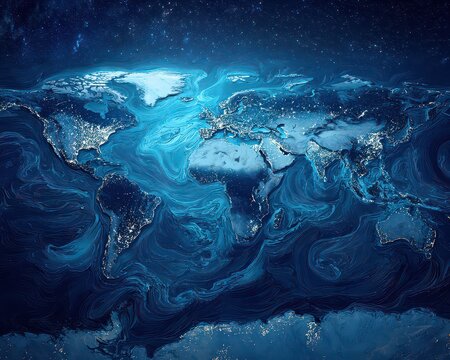 Global illumination at night showing continents and oceans with sparkling lights representing cities and human settlements in deep blue and black space with stars visible