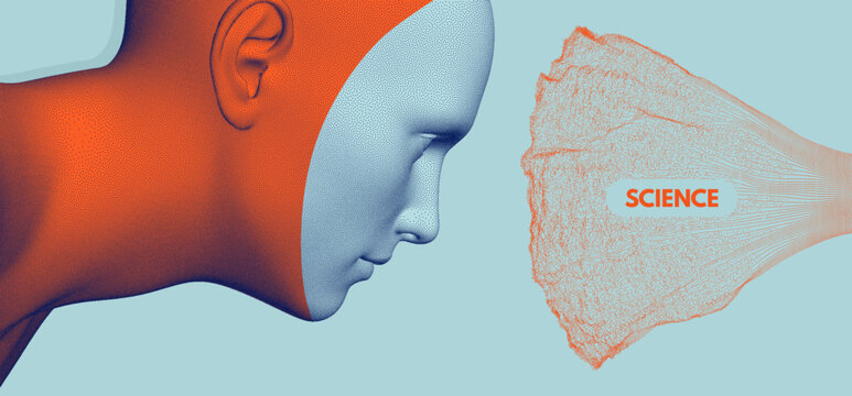 The concept of human contact with artificial intelligence. A man studies big data. Circle element. Array with dynamic particles. Illustration for brochure, poster, cover, card, presentation, flyer.