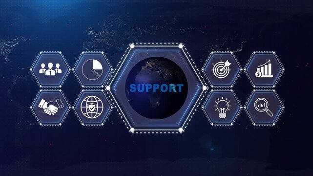 Business Support Concept with Global Connectivity and Infographic hexagonal business strategy teamwork
