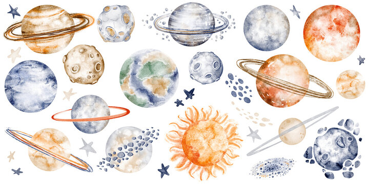Planets illustration watercolor hand painted collection of planets, comet, meteor, stars. Cosmic elements isolated clipart set with astronomy objects. Design kids decor, nursery wall art, space theme.
