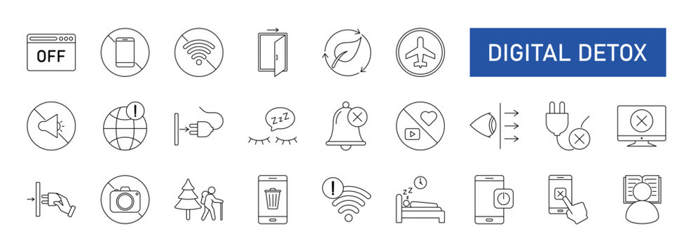 Digital detox icon set. Containing unplug, no phone, offline, airplane mode, no wifi, turn off notifications, blue light filter, forest walk, reading and more. Solid vector icons collection. eps 10