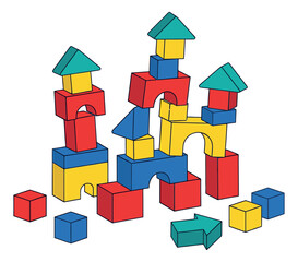 Colorful illustrated building block set featuring a castle structure and various pieces for children's play