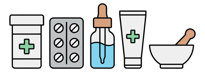 Clean line art pharmacy icon set featuring a pill bottle, blister pack, dropper, cream tube, and mortar and pestle for medical and healthcare design