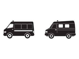 Two black vans side by side on white background  vehicle silhouettes for design and transportation concepts