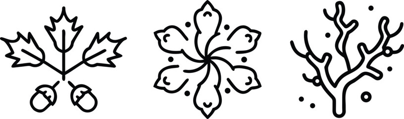 Set of Minimalist Nature Line Icons featuring Oak Leaves, Floral Mandalas, and Coral Branches © Ria