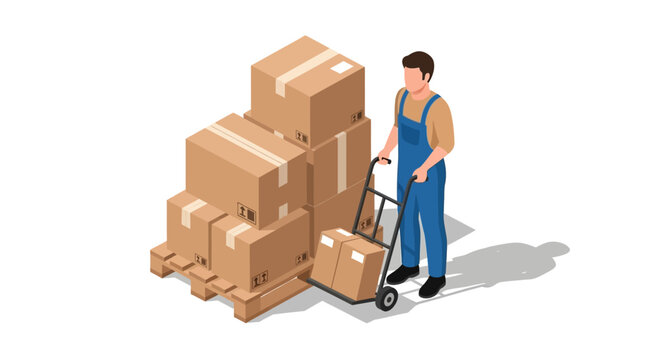 Illustration of a warehouse worker pushing a hand truck with stacked cardboard boxes in a minimalist setting.
