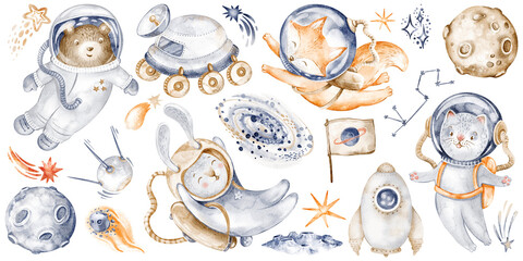 Fototapeta premium Cosmic animals set with astronaut cat, bear, fox and hare. Watercolor illustration, hand painted cartoon with planet, rocket, spaceship. Kids space theme for nursery art, baby shower card, stickers.