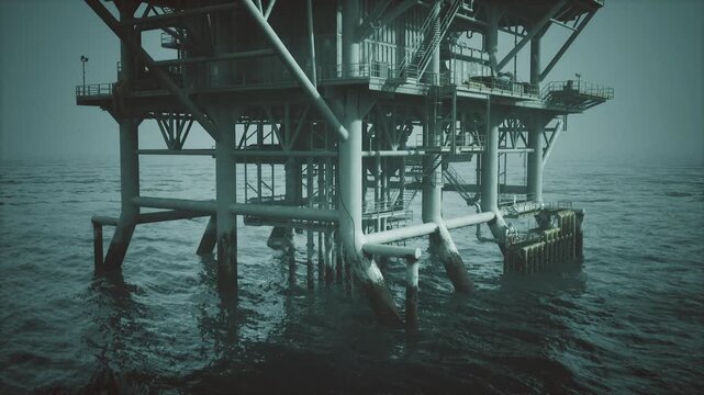 Offshore rig legs battered by heavy waves and spray, churning dark sea and cloudy sky, dramatic energy showing endurance of steel framework against elements
