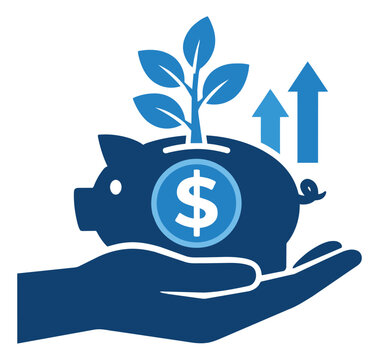 Modern icon illustration of a hand holding a piggy bank with a plant depicting financial growth for investment