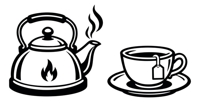 Line art tea accessories set featuring a boiling kettle with steam and a teacup with a tea bag for hot beverage preparation