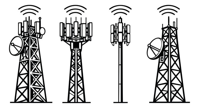 Hand drawn line art telecommunication tower set featuring cellular antennas and radio waves for network communication