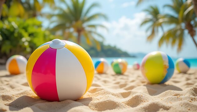 Colorful beach balls arranged on sandy shore with palm trees in the background