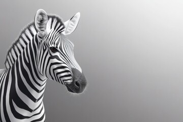 Obraz premium Close up portrait of zebra head isolated on soft gray background. Wildlife animal with distinctive black and white stripes and copy space for design.