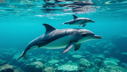 Two dolphins swimming gracefully beneath the ocean's shimmering surface.
