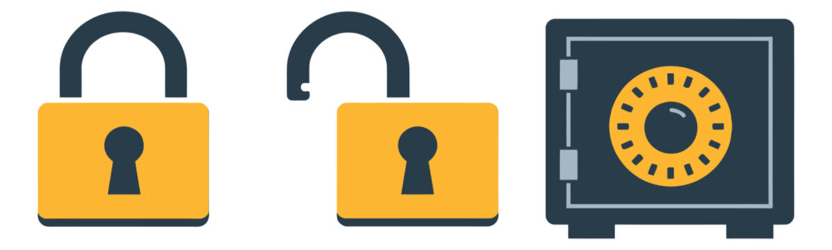 Flat design security icon set featuring a closed padlock, an open padlock, and a safe for data protection and safety concepts