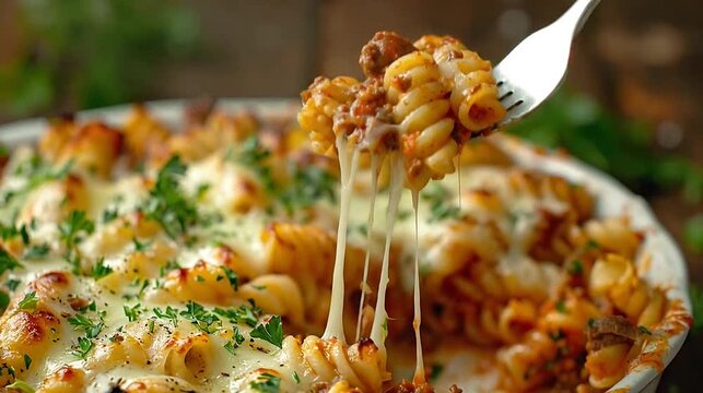 Fork lifting cheesy baked pasta with meat sauce, herbs, and gooey cheese strings