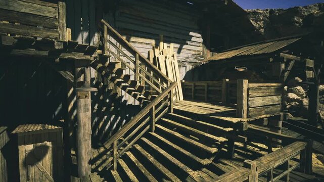 Sunlit wooden steps with patterned shadows, geometric play across carved balusters, empty verandah in namibia, highdetail grain, strong contrast, contemplative