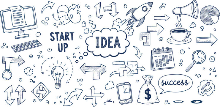 Startup Business Doodle Set with Idea Rocket Arrows Charts Lightbulb Success Icons Hand Drawn Sketch Style Vector Illustration Collection