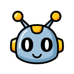 Fototapeta premium A cartoon robot with a smiling face and antennae is depicted in a simple illustration style with bold lines and bright colors against a plain background from a front viewpoint