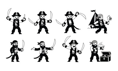 Obraz premium Cartoon Pirate Characters Collection with Sabers, Treasure and Boat