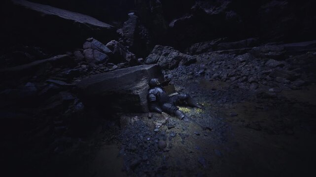 Armored knight lying in ruined vault, scattered gold and toppled chest among collapsed beams, cold palette and heavy shadows emphasize abandonment and tragic