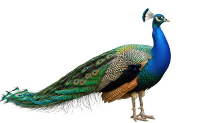 Fototapeta premium Isolated Peacock standing tall showing vibrant colorful feathers in natural stance against no background