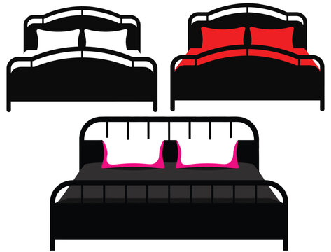 Modern bed set vector illustration, bedroom furniture silhouettes and outline designs