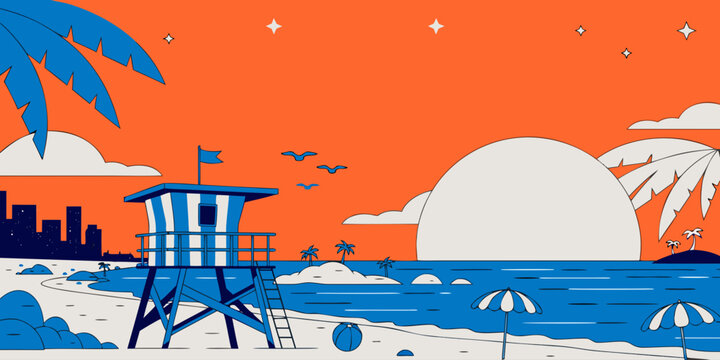 USA, US, U.S, United States - Miami beach lifeguard tower sunset aesthetic, ultra-wide flat vector 
