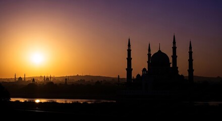Mosque Silhouette at Sunset with Minarets.