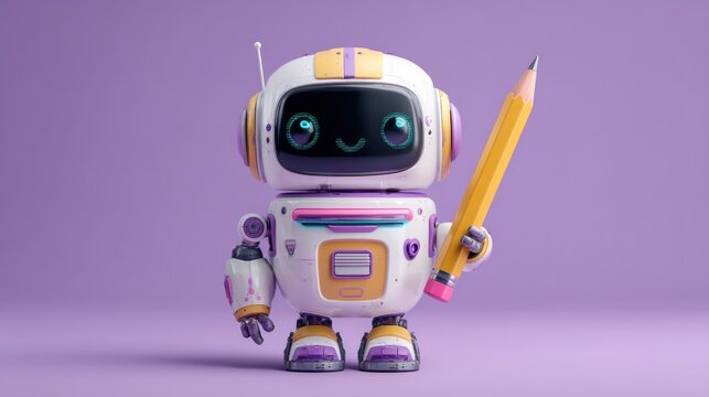 Adorable robot holding a large pencil against a purple background