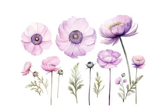Watercolor flowers clipart isolated on white background with pink and purple anemony floral elements for spring illustration and wedding design.