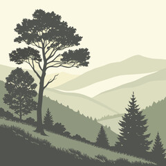 Fototapeta premium Green hillside with trees and mountains landscape nature