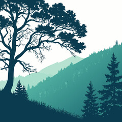 Large tree on grassy hill with coniferous trees and mountain range © sabrina1122