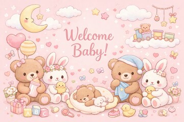 Cute baby shower illustration with teddy bears, bunnies, and baby toys on soft pink background with hearts