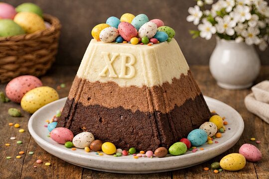 Layered chocolate and vanilla paskha dessert with candy eggs for Easter celebration on rustic table