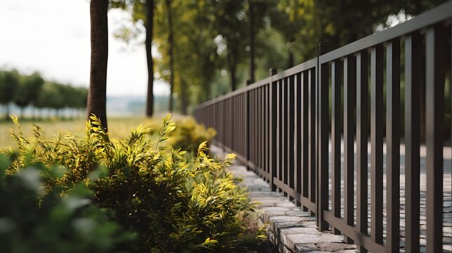 A modern metal fence borders a stone path lined with lush greenery and trees in a serene outdoor landscape