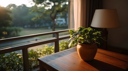 Fototapeta premium Serene balcony scene with a potted plant bathed in warm morning sunlight overlooking a lush green landscape