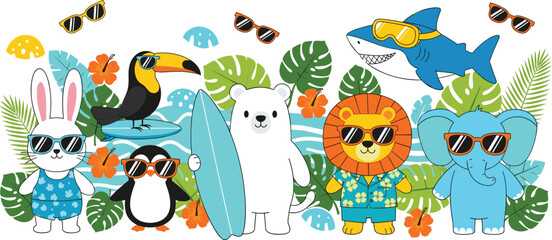 Cute Summer Animals Cartoon Collection with Bunny, Penguin, Polar Bear, Lion, Elephant and Shark in Sunglasses Tropical Vacation Vector Set