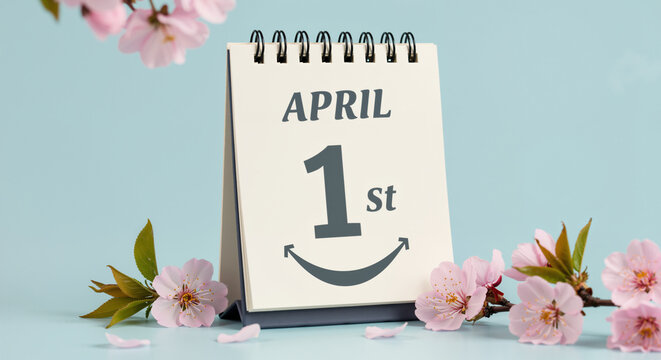 Calendar showing April 1st with smiley face and flowers  