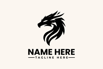 A black logo featuring a stylized dragon head with flowing mane and placeholder text on a beige background. © vectorvovdesign
