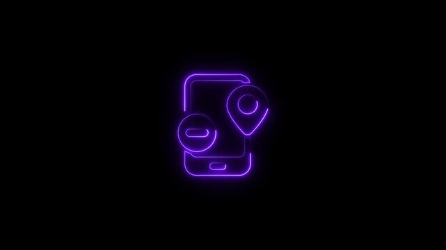 Neon smartphone with location pin and minus sign on black background for app navigation and